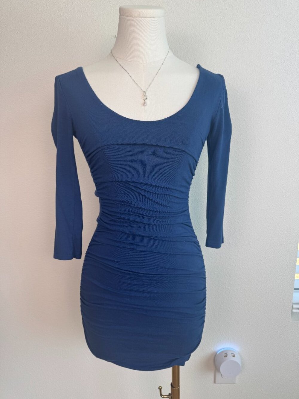 Forever 21 Navy Blue Ruched Bodycon Mini Dress Scoop Neck Small